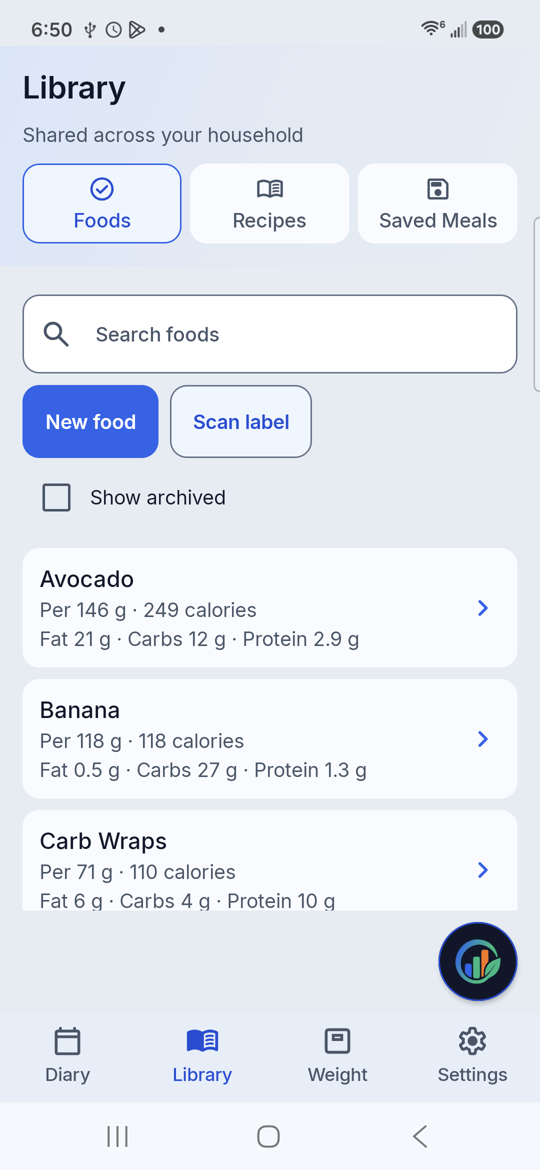 Just Macros food library showing saved foods and their nutrition